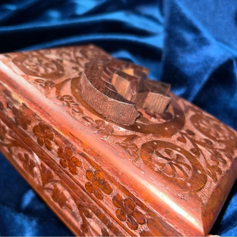 Handcarved Wooden Box with Star and Moon Relief Design‎